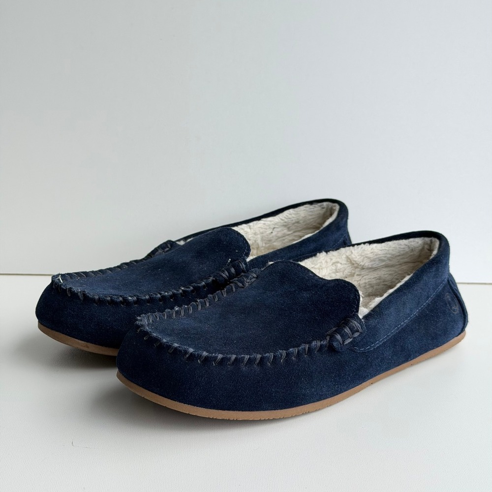 Lands End Suede Moccasin Slippers Womens 9B Navy Blue Sherpa Lined Cozy Lounge